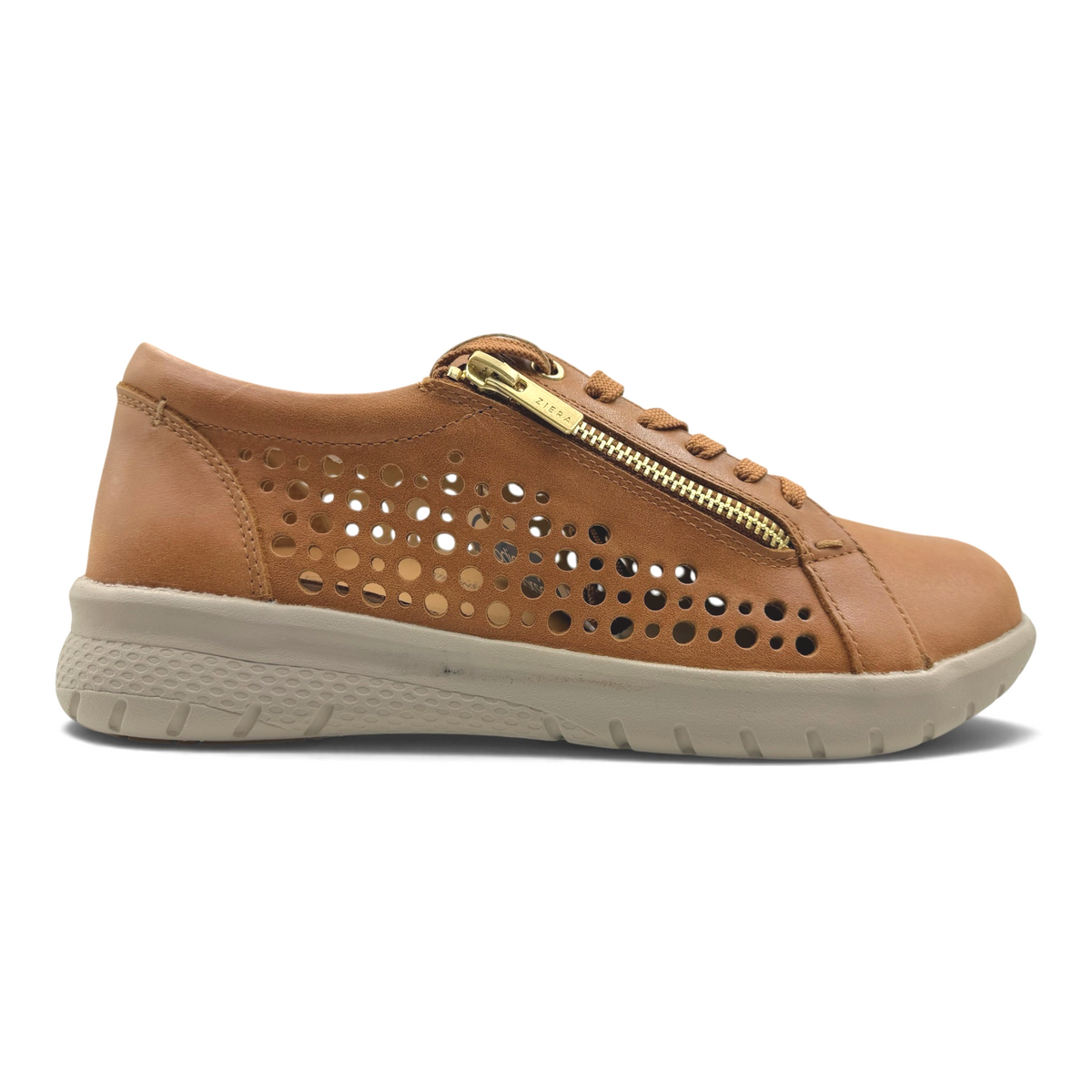 The Shoe Shop Shovo tan leather sneaker with side zip, lace-up closure, and perforated detailing for extra width.