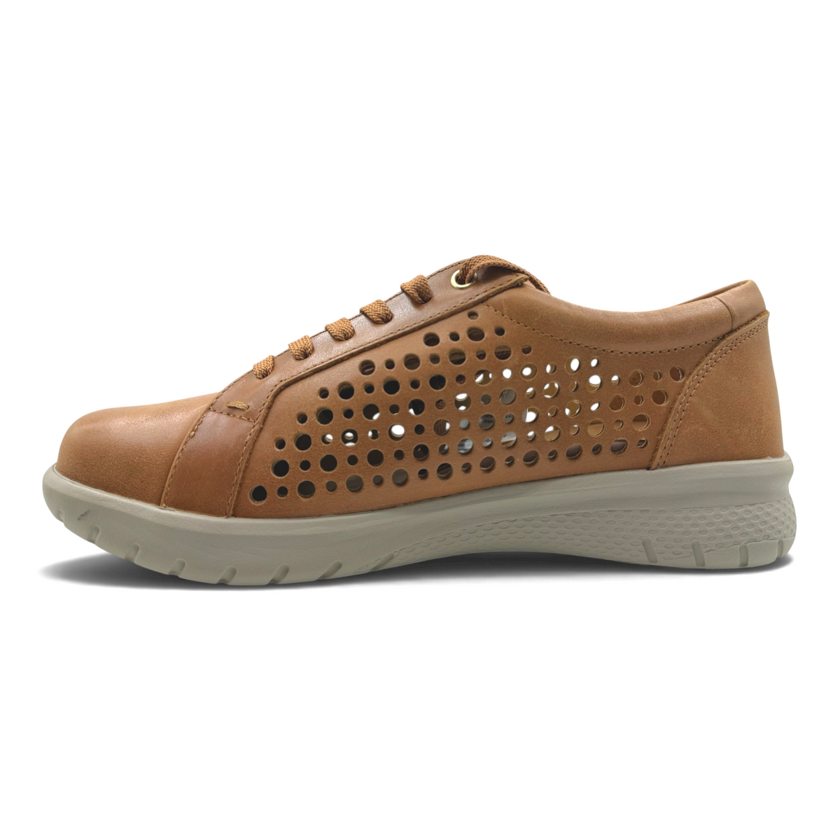 The Shoe Shop Shovo tan leather sneaker with side zip, lace-up closure, and perforated side panels for breathability.