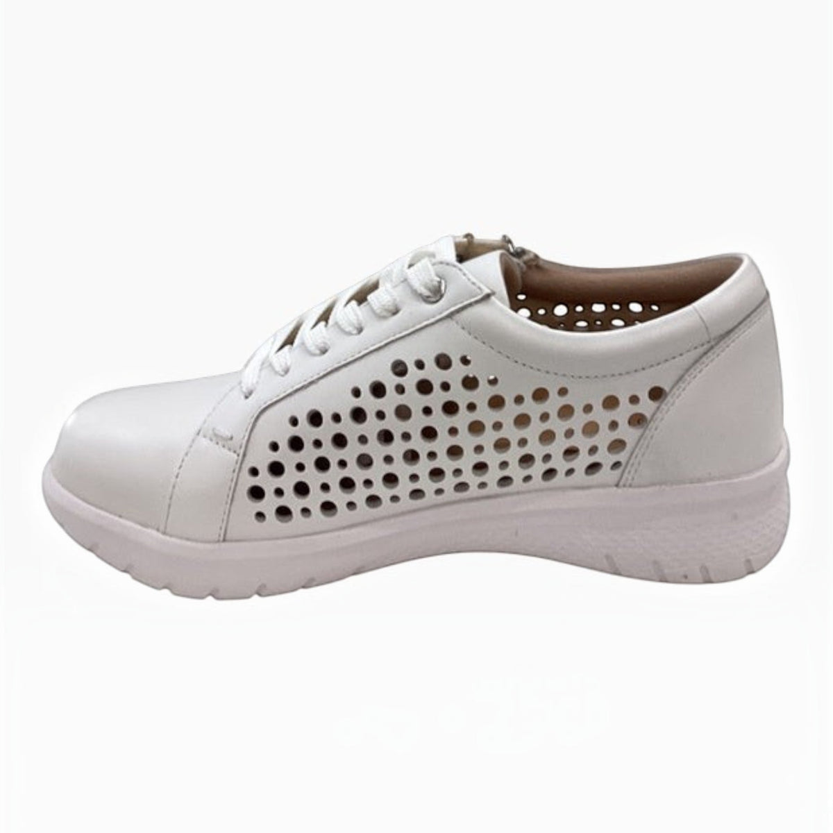 The Shoe Shop Shovo white leather orthotic sneaker with laser-cut side detailing and lace-up closure