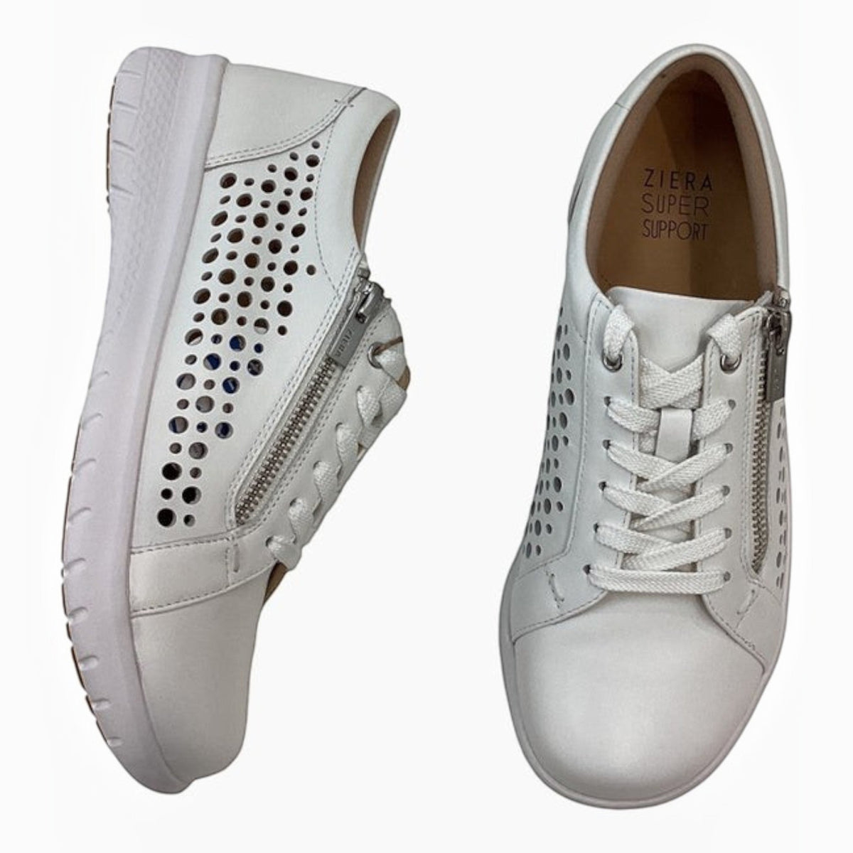 The Shoe Shop Shovo white orthotic-friendly sneakers with perforated leather, side zippers, and arch support footbeds.