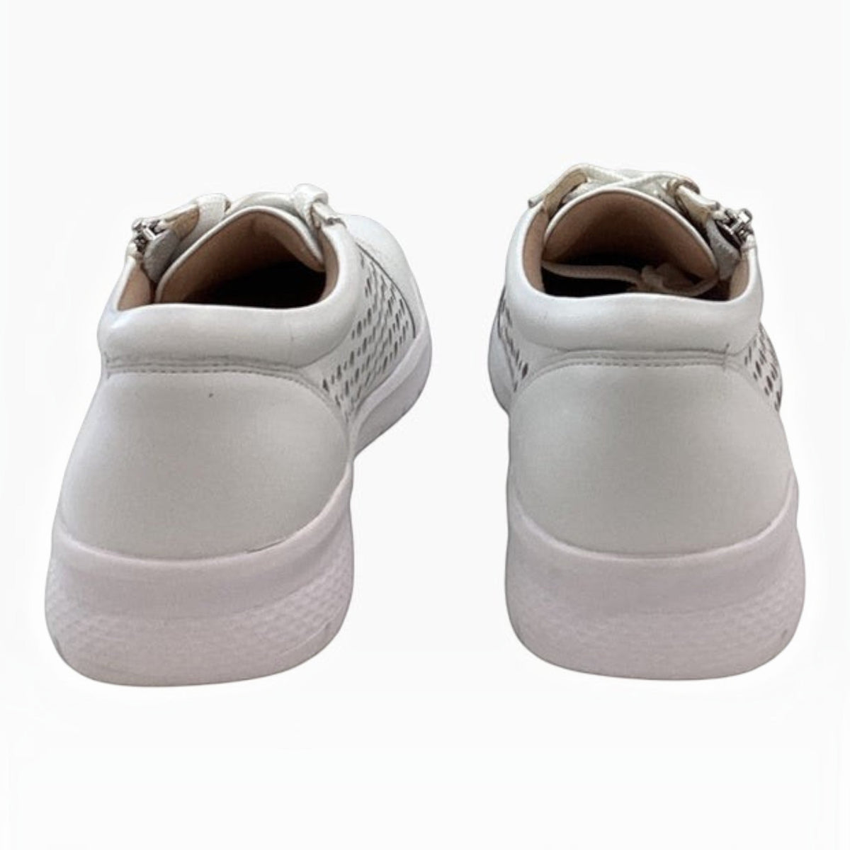 The Shoe Shop Shovo white orthotic-friendly sneakers with a perforated side panel and supportive heel view.
