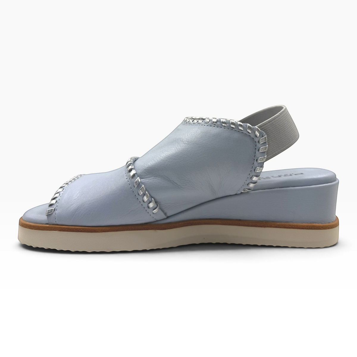 The Shoe Shop Sigma light blue leather wedge sandal with contrast silver whipstitch detail and elastic slingback strap