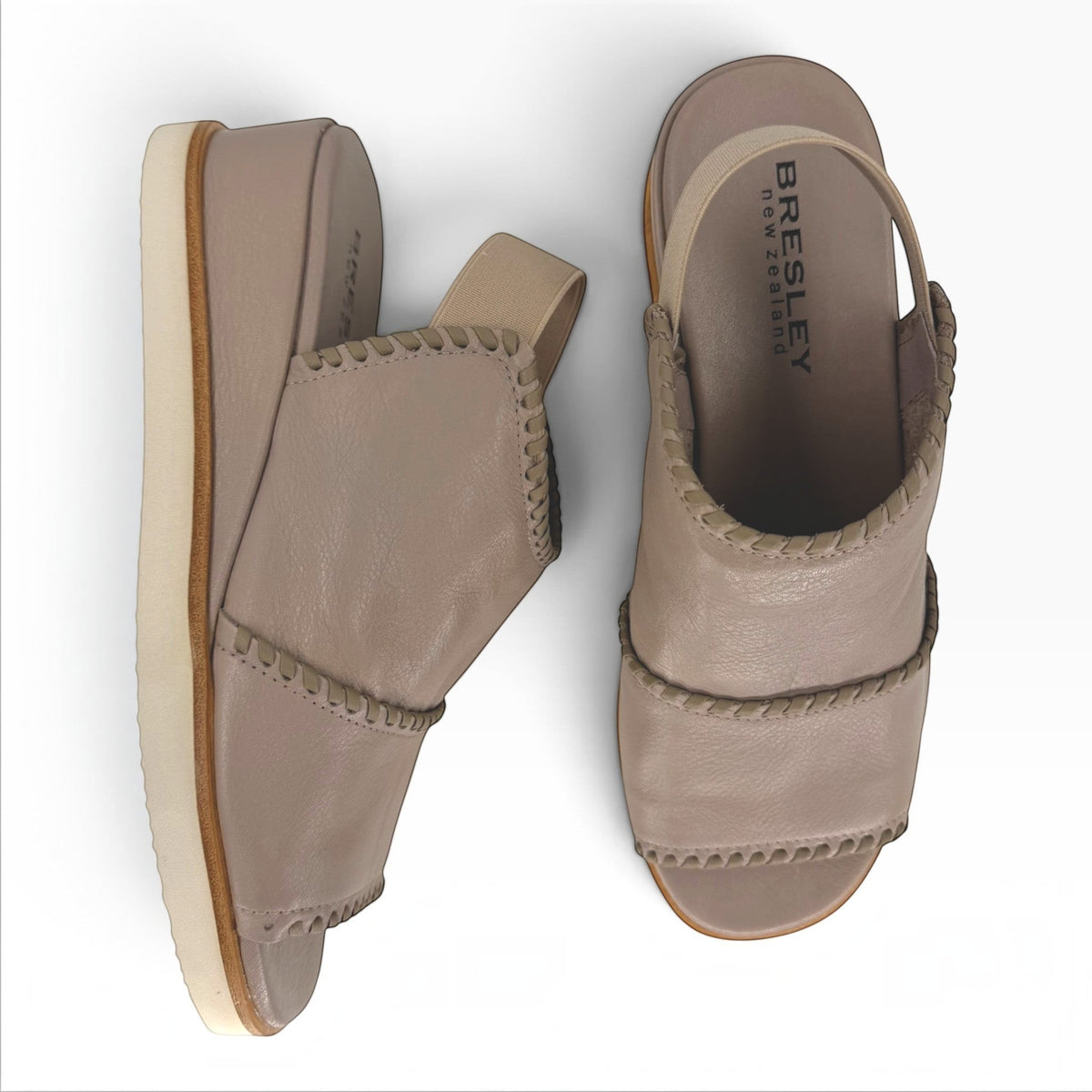 The Shoe Shop Sigma taupe leather wedge sandals with contrast whipstitch detailing and elasticated slingback straps