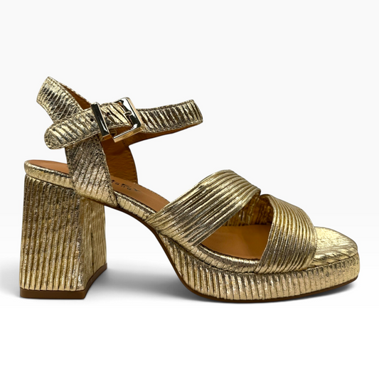 The Shoe Shop Silvia metallic gold platform sandals with a block heel and adjustable ankle strap
