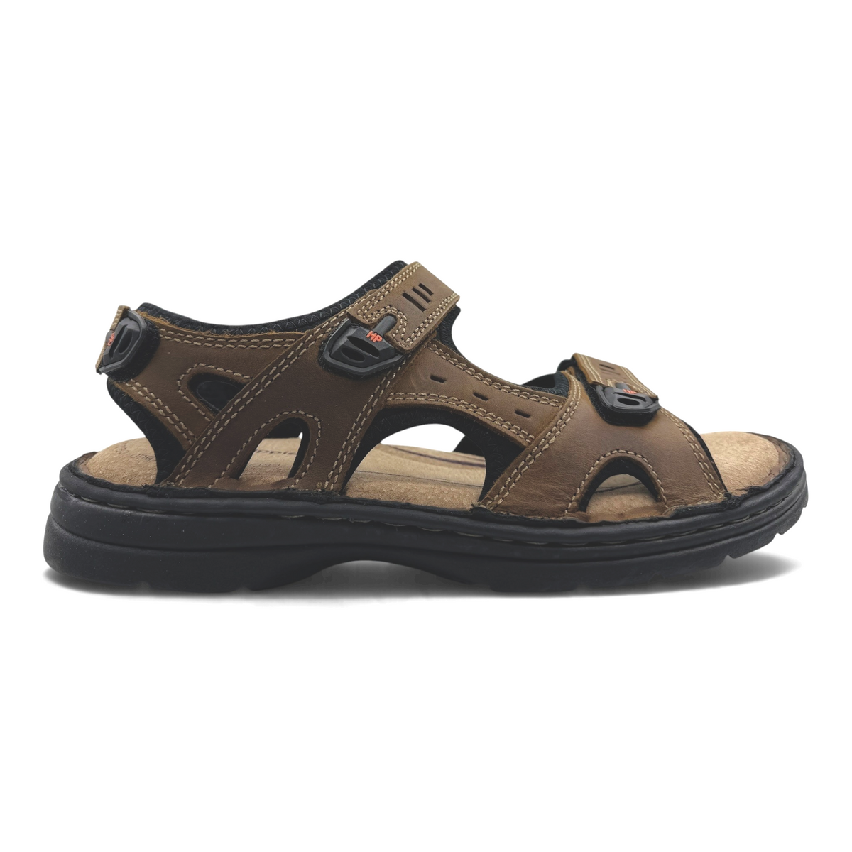 The Shoe Shop Simmer brown leather outdoor sandals with adjustable hook and loop straps and cushioned footbed