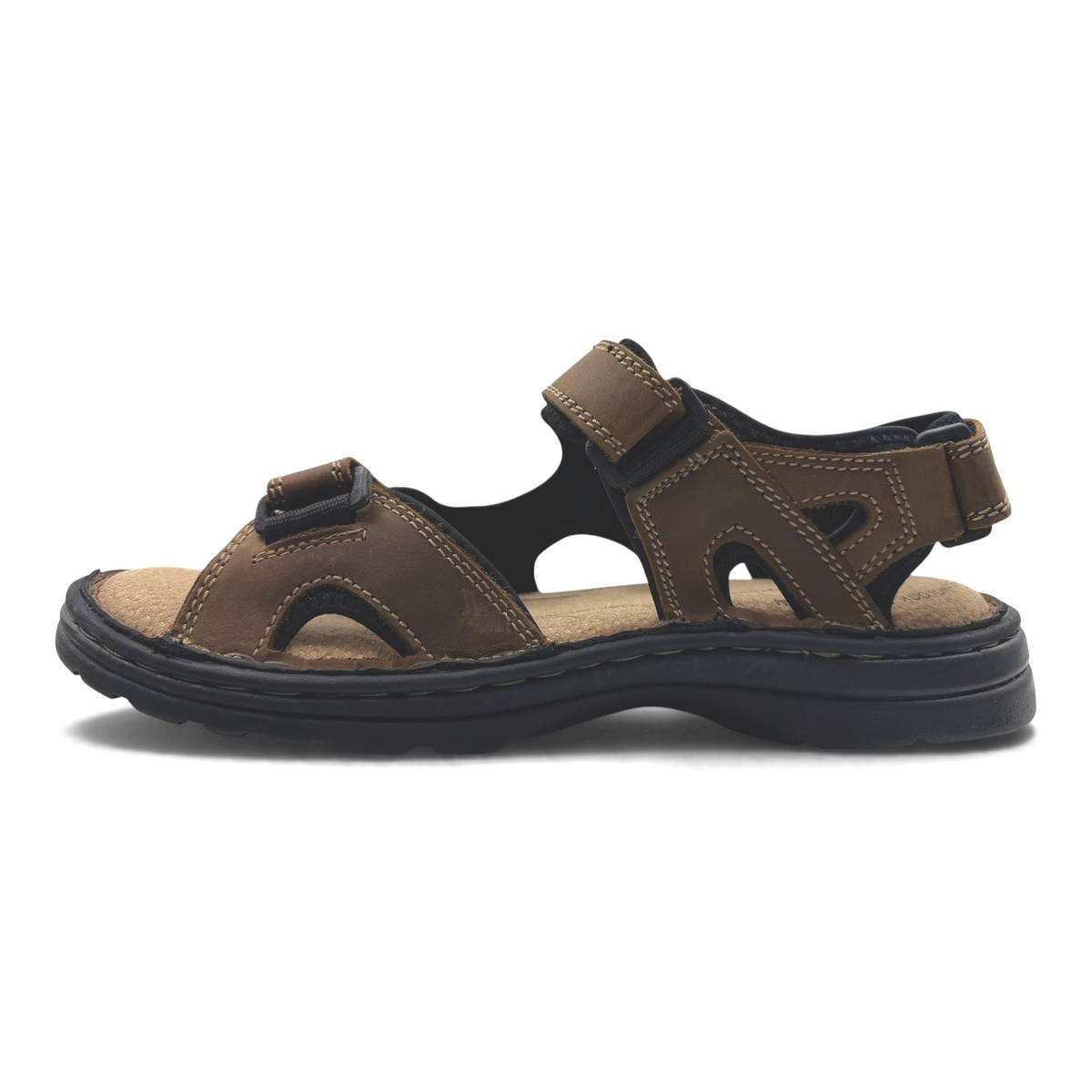 The Shoe Shop Simmer brown leather outdoor sandal with adjustable hook and loop straps and a black rubber sole