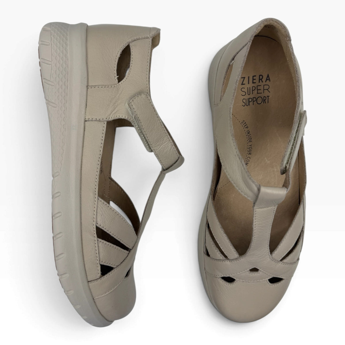 The Shoe Shop Sinsta beige leather sandals with adjustable strap and removable supportive footbed.