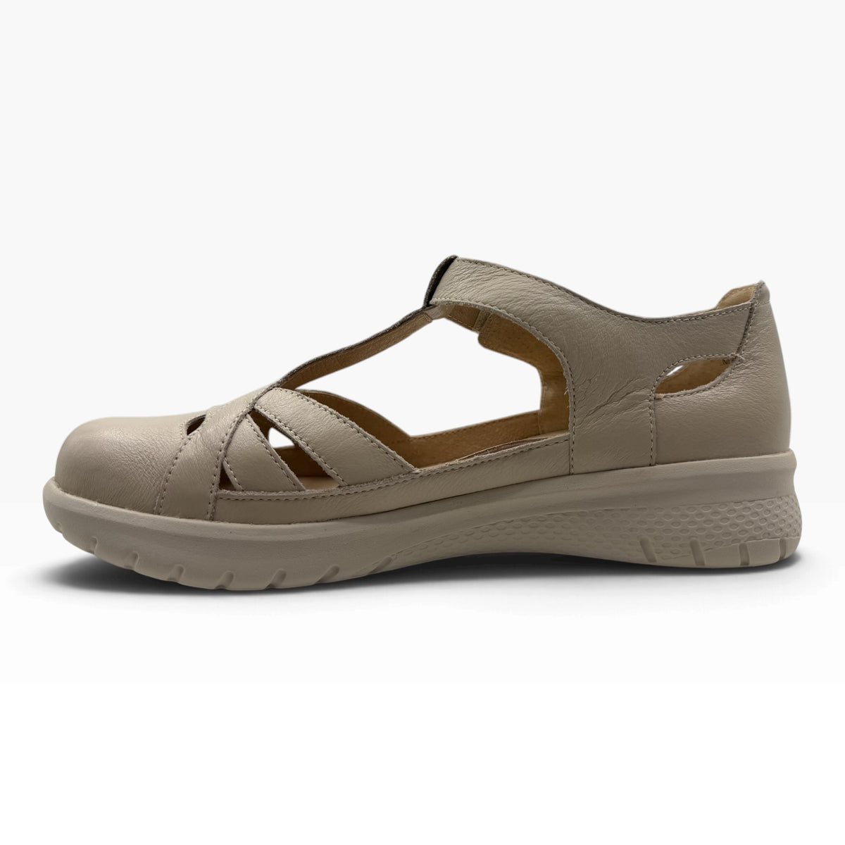 The Shoe Shop Sinsta beige leather orthopedic sandal with adjustable strap and supportive footbed
