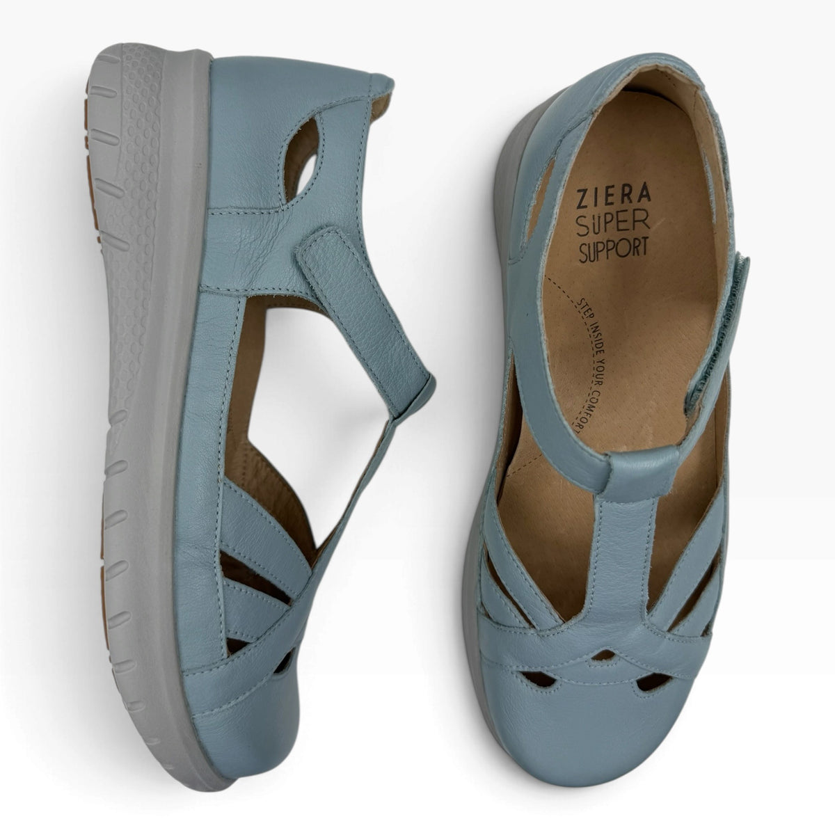 The Shoe Shop Sinsta light blue leather sandals with adjustable strap and supportive orthotic footbed