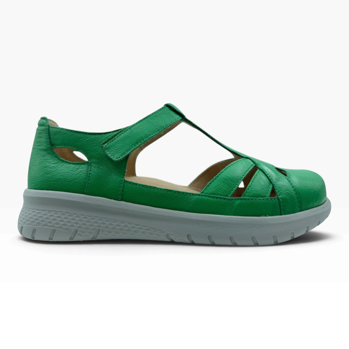 The Shoe Shop Sinsta green leather orthopedic sandal with adjustable strap and supportive grey sole