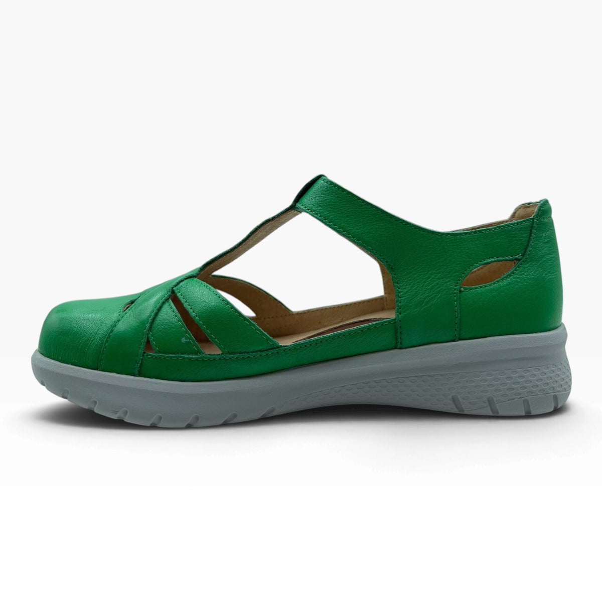 The Shoe Shop Sinsta green leather orthopedic sandal with adjustable strap and supportive grey sole