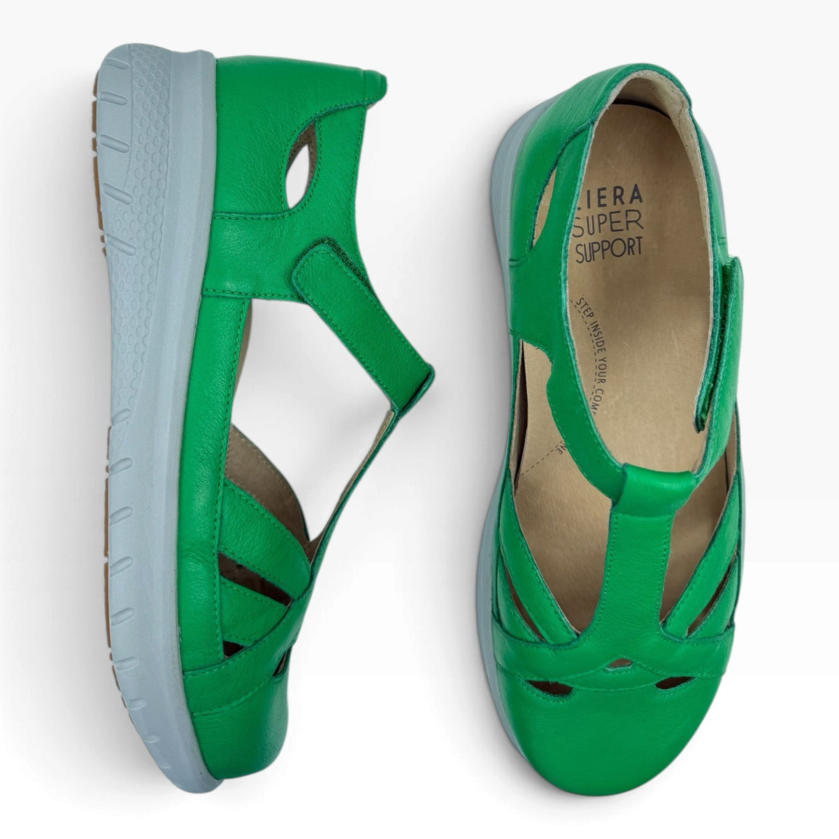 The Shoe Shop Sinsta green leather sandals with adjustable strap and supportive orthotic footbed.