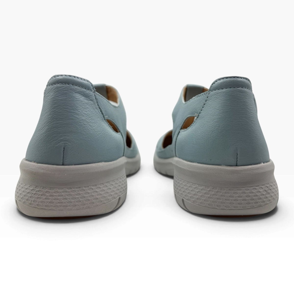 The Shoe Shop Sinsta light blue leather sandals with a supportive wide heel and comfortable orthotic design.