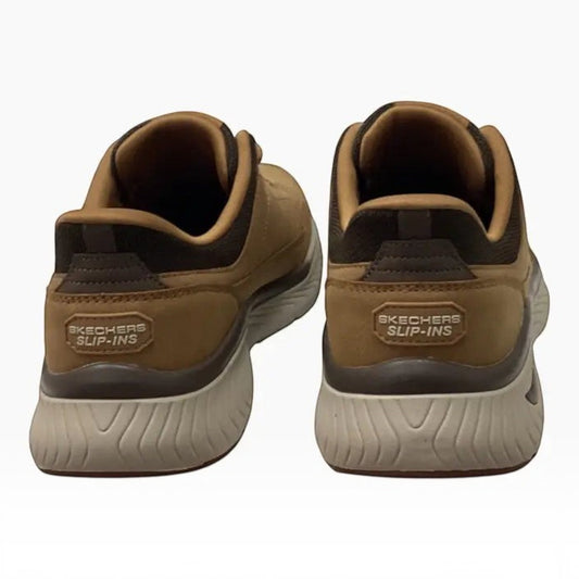 The Shoe Shop Skechers Arch Fit Crosser men's slip-in shoes in tan leather and brown mesh, rear view.