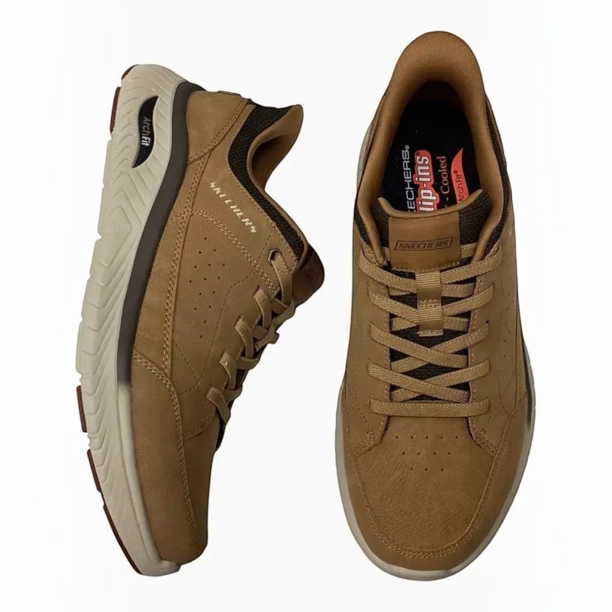 The Shoe Shop Skechers Arch Fit Crosser men's tan leather slip-in sneakers with mesh details and arch support insoles.