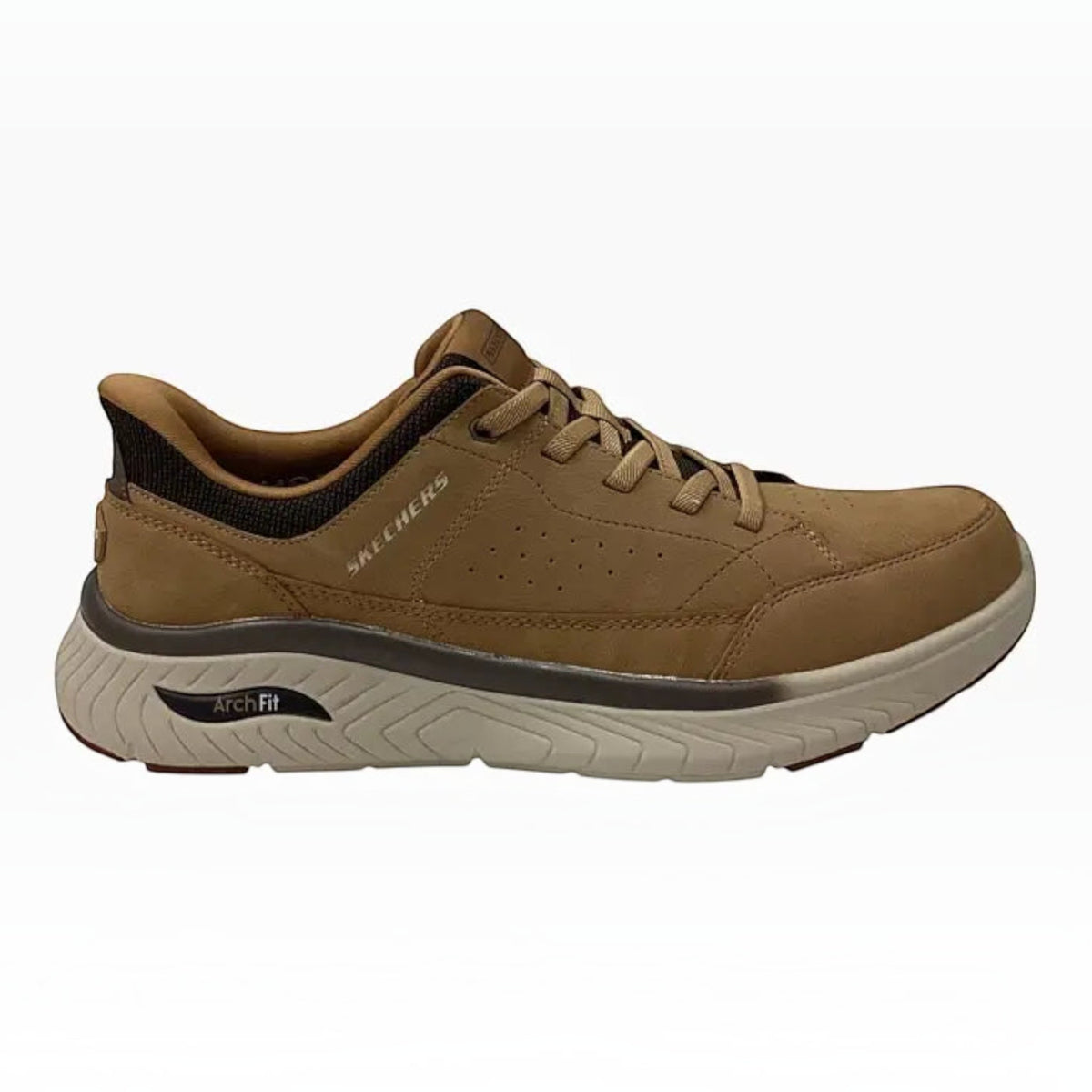 The Shoe Shop Skechers Arch Fit Crosser men's tan leather slip-in sneaker with mesh details and supportive sole.