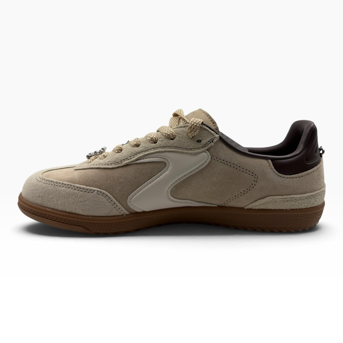 The Shoe Shop Skechers Hot Shot City Charm beige pigskin suede court sneaker with contrast heel and decorative charms.