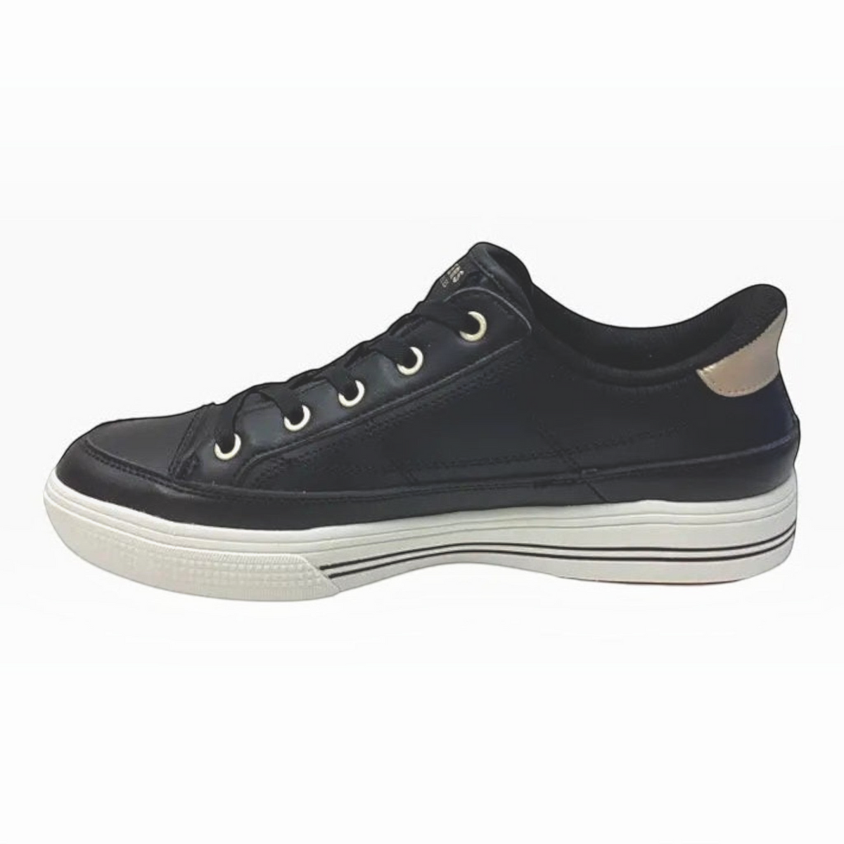 The Shoe Shop Skechers Arch Fit Arcade black canvas sneaker with white midsole and metallic heel detail