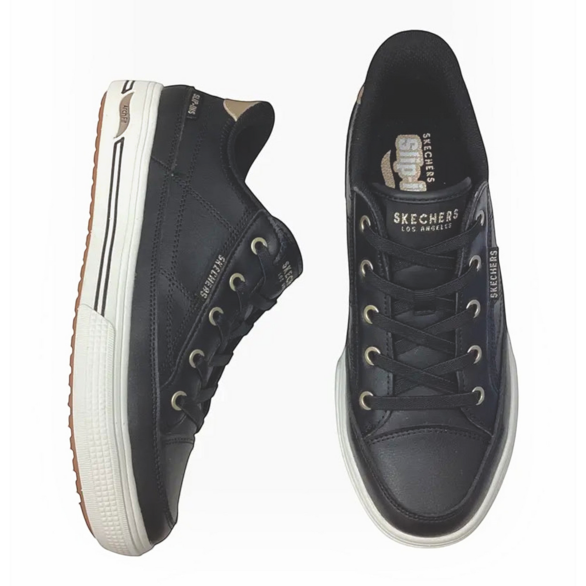 The Shoe Shop Skechers Arch Fit Arcade black canvas sneakers with white midsoles and stretch laces.
