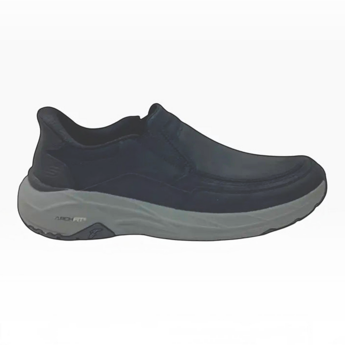 The Shoe Shop Skechers Arch Fit Maverick Redford black leather slip-on shoe with a grey cushioned rubber outsole.