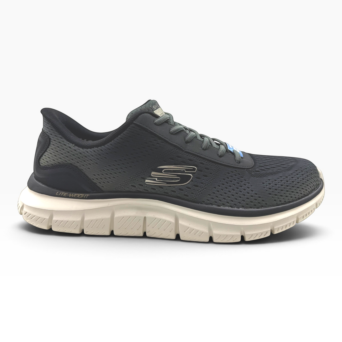 The Shoe Shop Skechers Track-Revno lightweight black mesh athletic sneaker with a beige cushioned sole