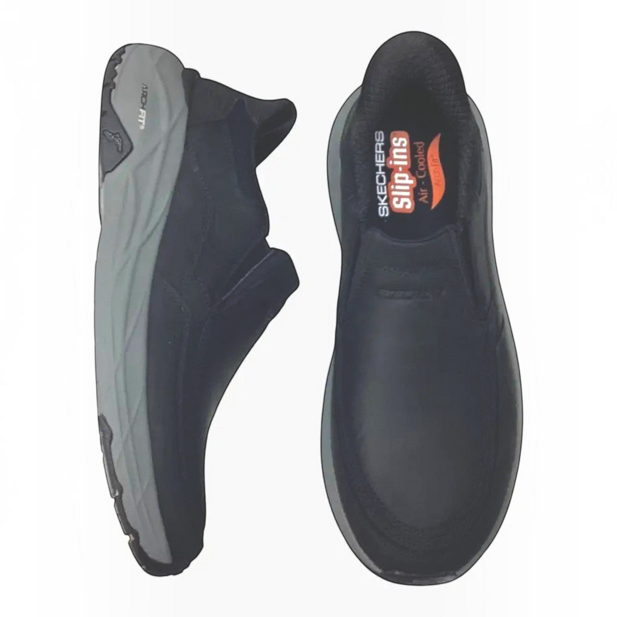 The Shoe Shop Skechers Arch Fit Maverick slip-on shoes in black leather with grey cushioned soles and arch support.