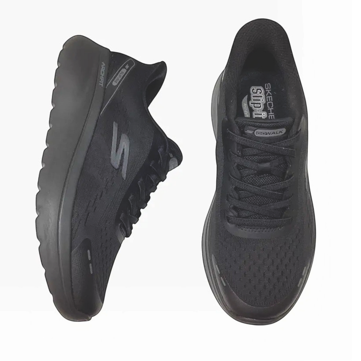 The Shoe Shop Skechers Go Walk Arch Fit N-Joy black vegan slip-on walking shoes with mesh upper and arch support.