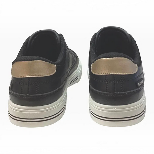 The Shoe Shop Skechers Arch Fit Arcade sneakers in black canvas with metallic gold heel tabs and white striped soles.