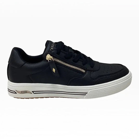 The Shoe Shop Skechers Arch Fit Arcade-Stroll'N black synthetic duraleather sneaker with side zip and white midsole.