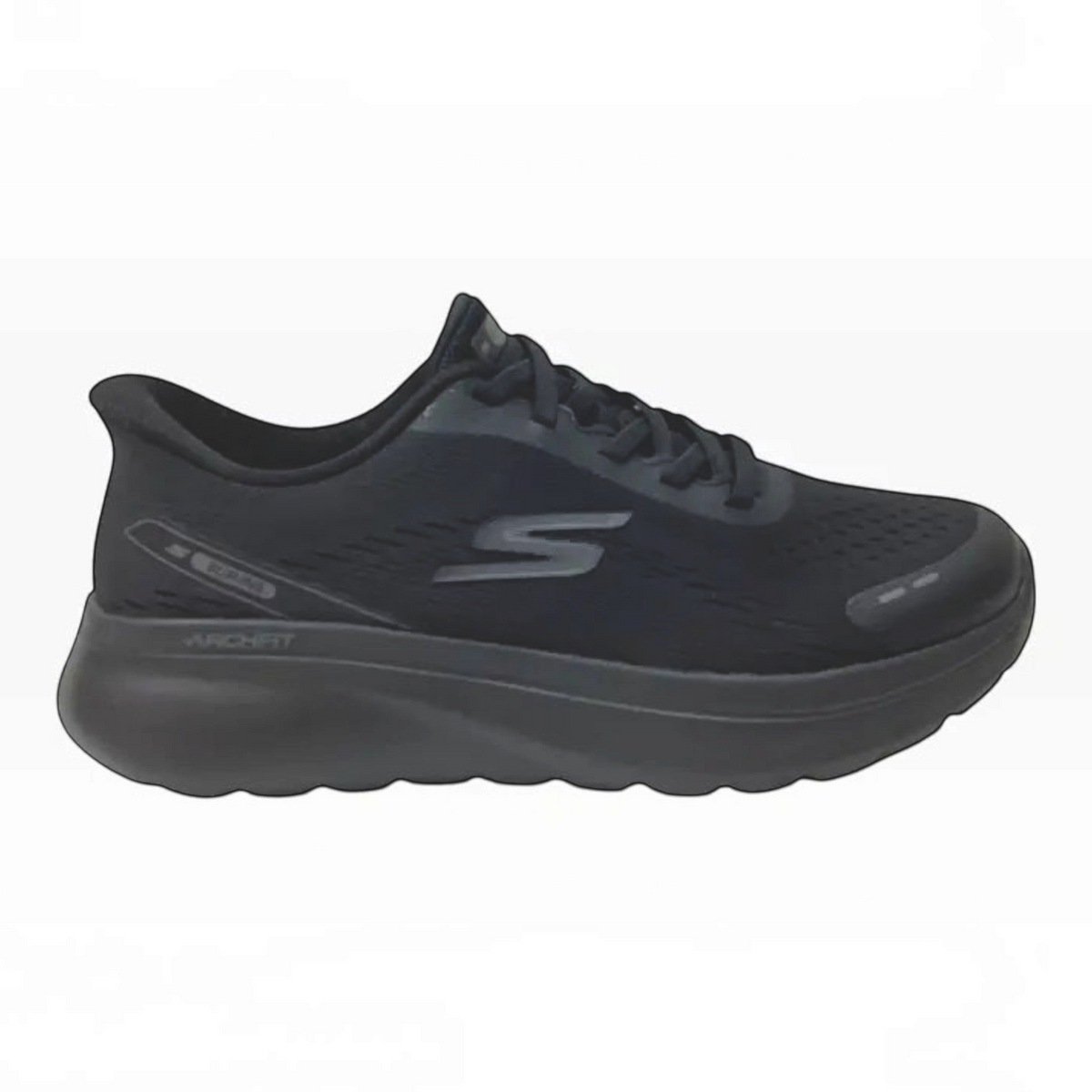 The Shoe Shop Skechers Go Walk Arch Fit N-Joy black vegan slip-on walking shoe with mesh upper and cushioned midsole.