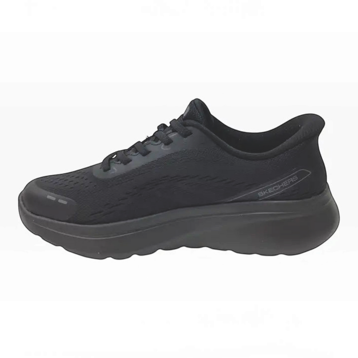 The Shoe Shop Skechers Go Walk Arch Fit N-Joy black vegan slip-on walking shoe with engineered mesh and thick midsole