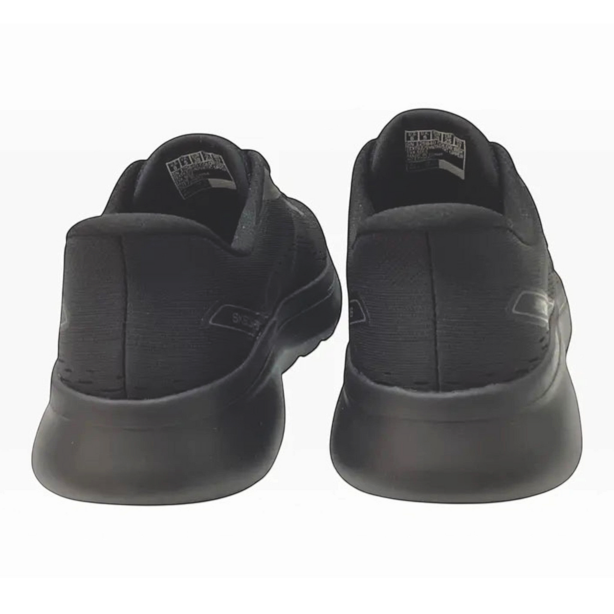 The Shoe Shop Skechers Go Walk Arch Fit N-Joy black vegan slip-on walking shoes, rear view showing heel cushioning.