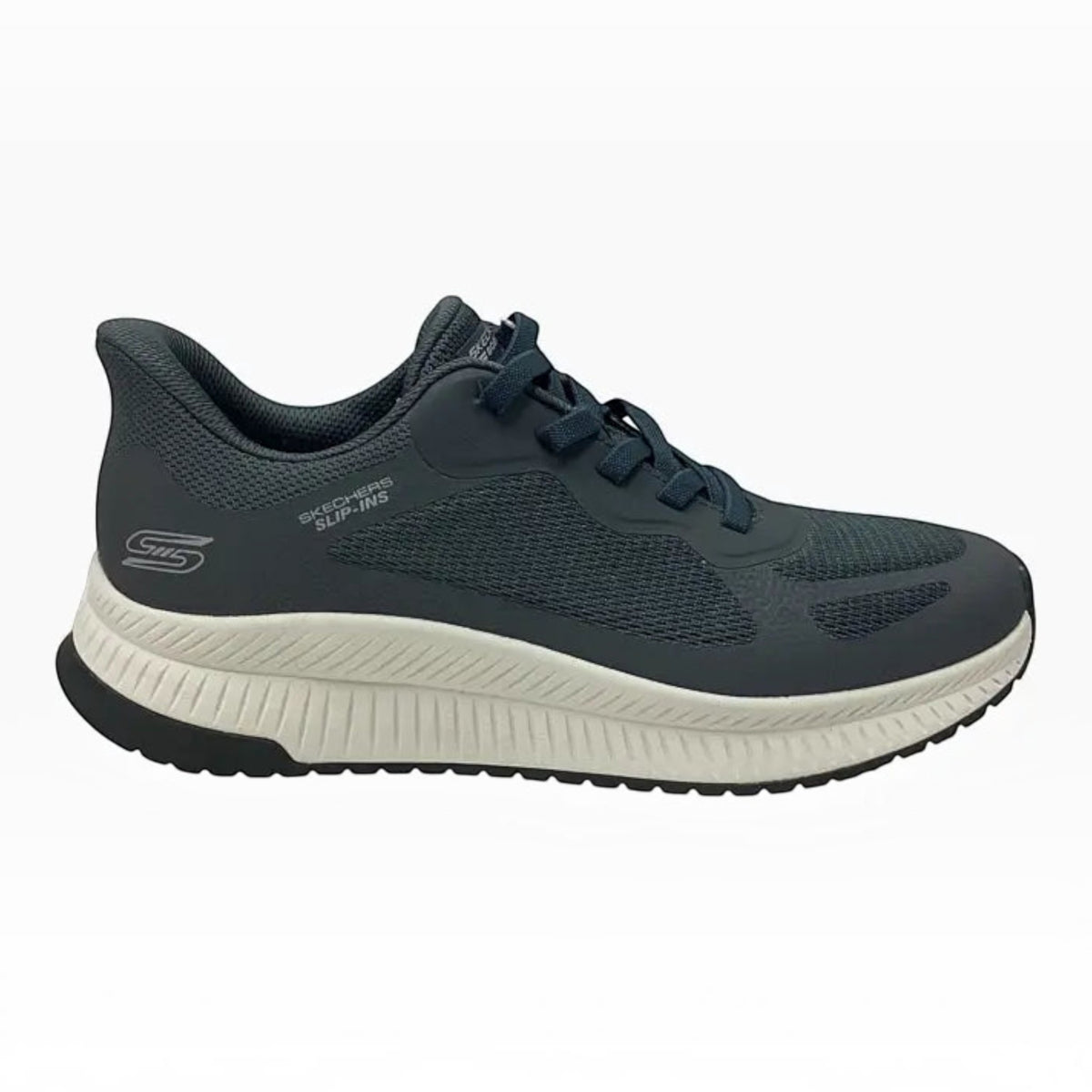 The Shoe Shop Skechers BOBS Squad 4 navy mesh slip-in sneaker with white shock-absorbing midsole and memory foam.
