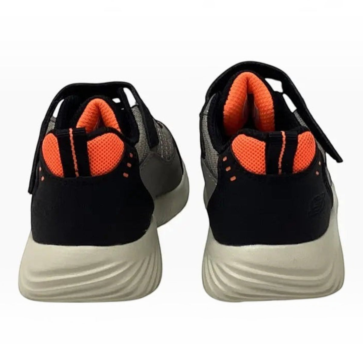 The Shoe Shop Skechers Bounder-Venture Squad sneakers in black and grey with bright orange heel and collar detail.