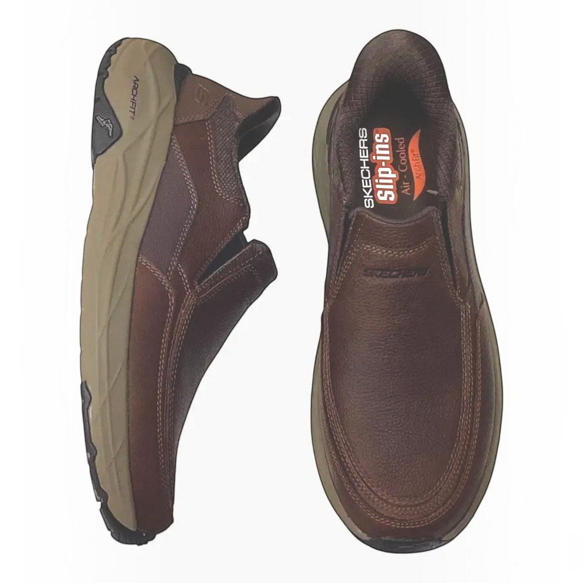 The Shoe Shop Skechers Arch Fit Maverick Redford brown leather slip-on shoes with supportive rubber outsoles.