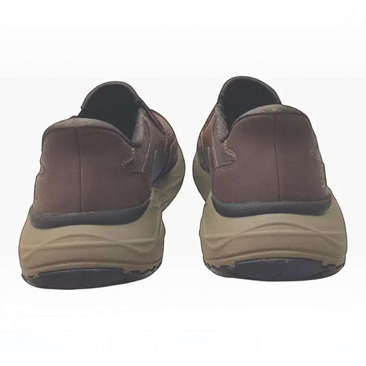The Shoe Shop Skechers Arch Fit Maverick Redford brown slip-on shoes, rear view showing heel pillow and rubber sole.