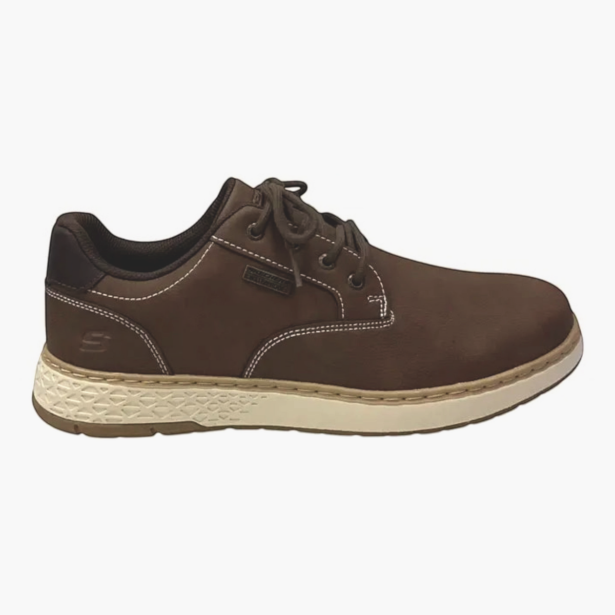 The Shoe Shop Skechers Garlan Pryor brown waterproof vegan leather lace-up shoe with white contrast stitching