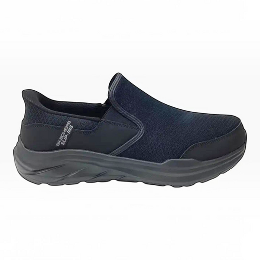 The Shoe Shop Skechers Equalizer 6.0 Stoaver black slip-on shoe with mesh upper and cushioned heel pillow