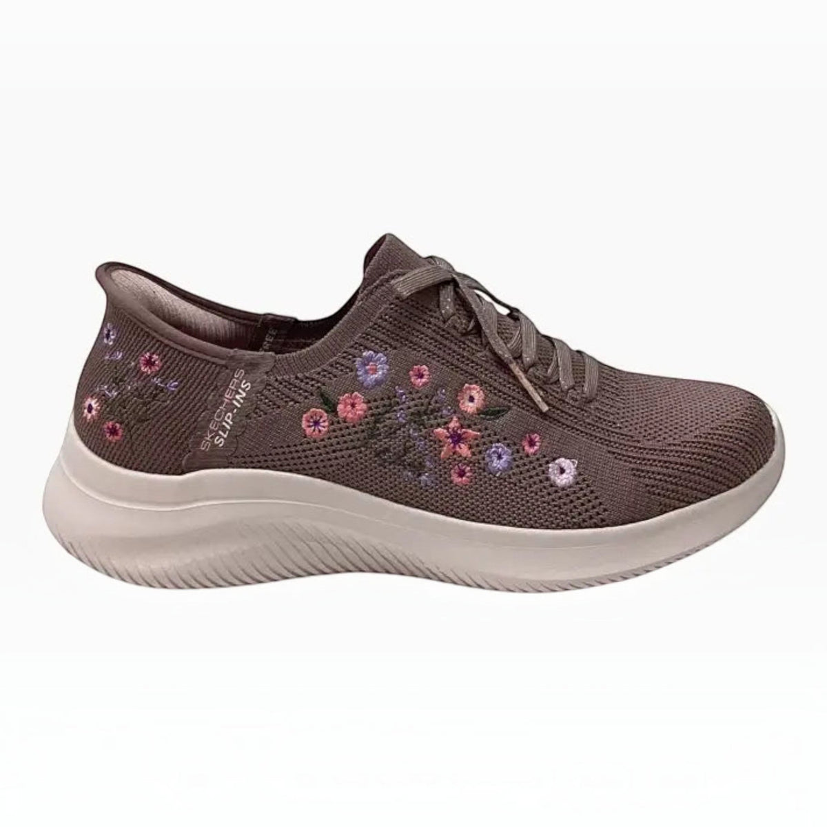 The Shoe Shop Skechers Ultra Flex 4.0 Sweet Petals vegan slip-on sneaker in mauve with floral embroidery