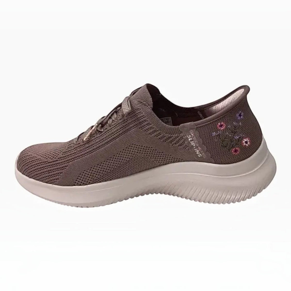 The Shoe Shop Skechers Ultra Flex 4.0 Sweet Petals taupe knit slip-on sneaker with floral embroidery and white sole