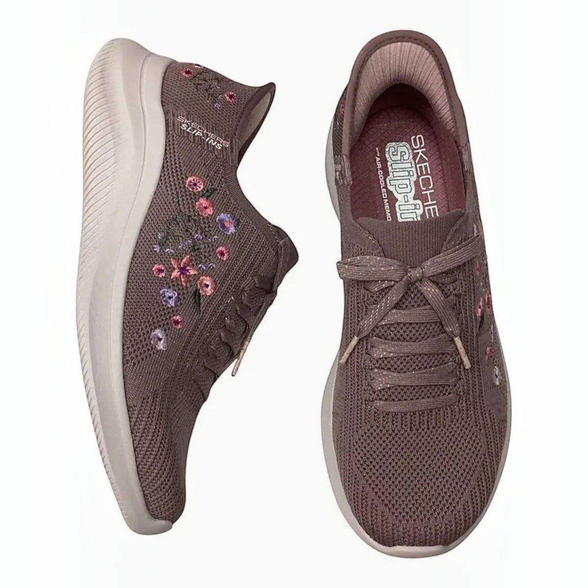 The Shoe Shop Skechers Ultra Flex 4.0 Sweet Petals vegan slip-on sneakers in taupe with floral embroidery.
