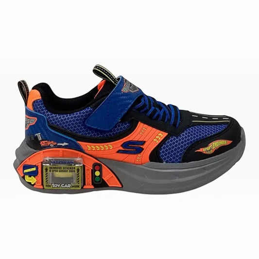 The Shoe Shop Skechers Garage sneaker in blue and orange with car graphics and a functional toy garage midsole.
