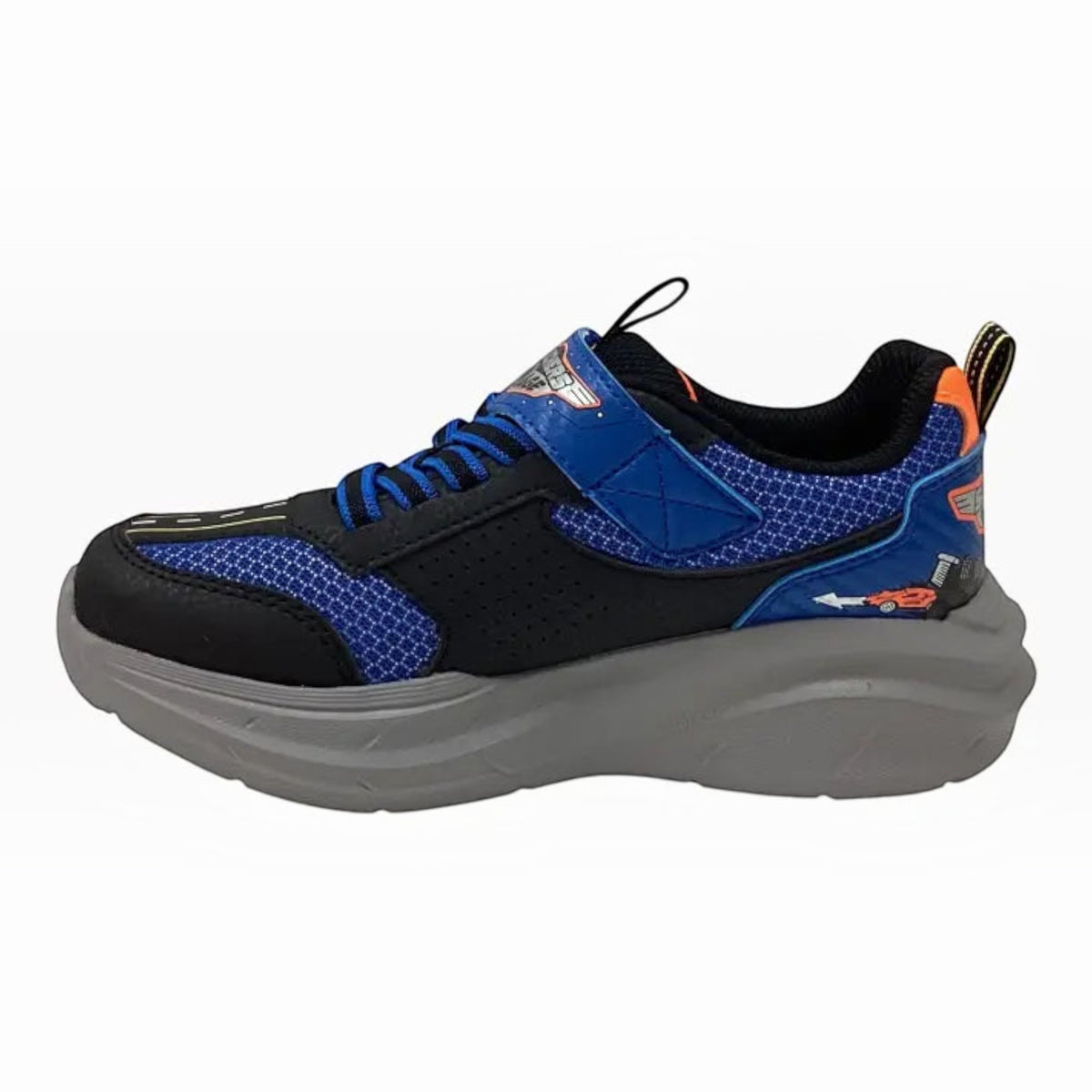 The Shoe Shop Skechers Garage sneaker in black and blue with car graphics, stretch laces, and adjustable strap.