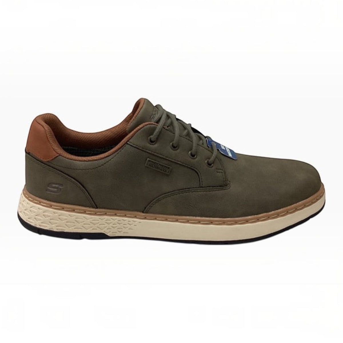 The Shoe Shop Skechers Garlan Pryor waterproof olive vegan leather lace-up sneaker with memory foam insole
