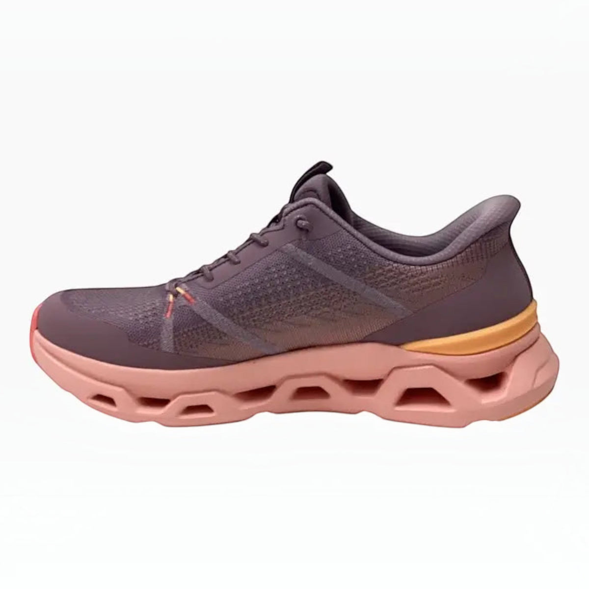 The Shoe Shop Skechers Glide Step Altus vegan slip-on sneaker in mauve with a chunky peach Glide-Step midsole.