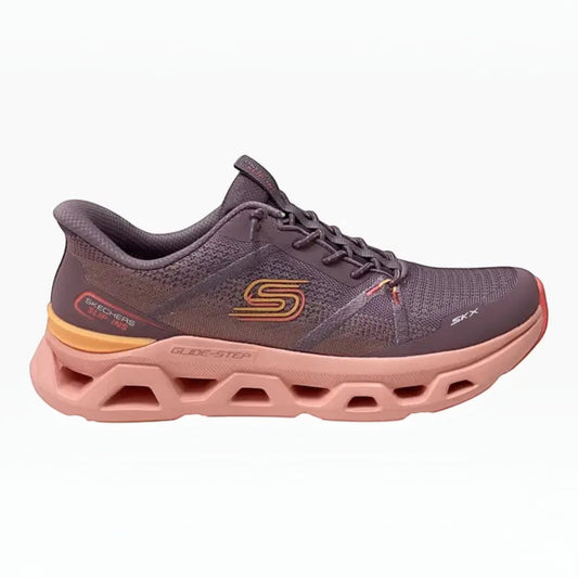 The Shoe Shop Skechers Glide Step Altus slip-on sneaker in mauve engineered mesh with a peach cushioned midsole.