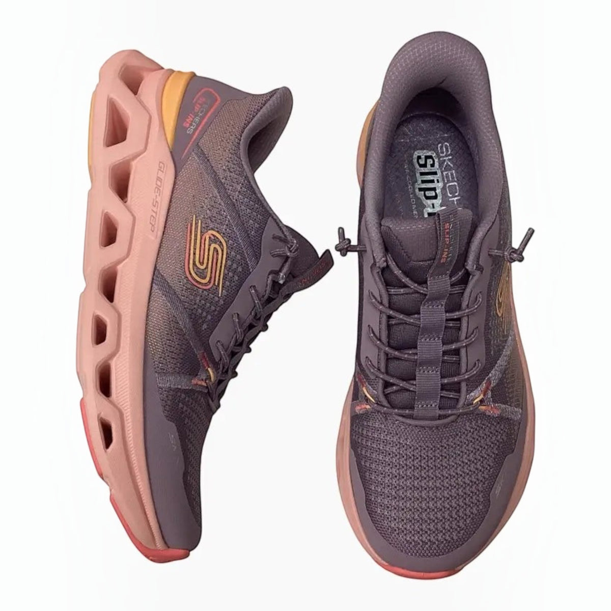 The Shoe Shop Skechers Glide Step Altus vegan slip-on sneakers in mauve mesh with a cushioned Glide-Step midsole.