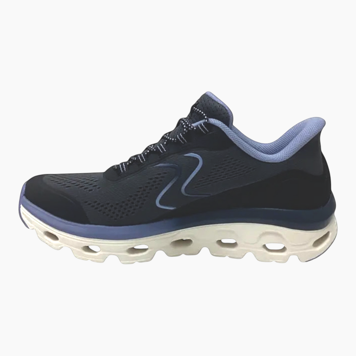 The Shoe Shop Skechers Glide-Step black and blue mesh sneaker with a sculpted white cushioned midsole and side logo.