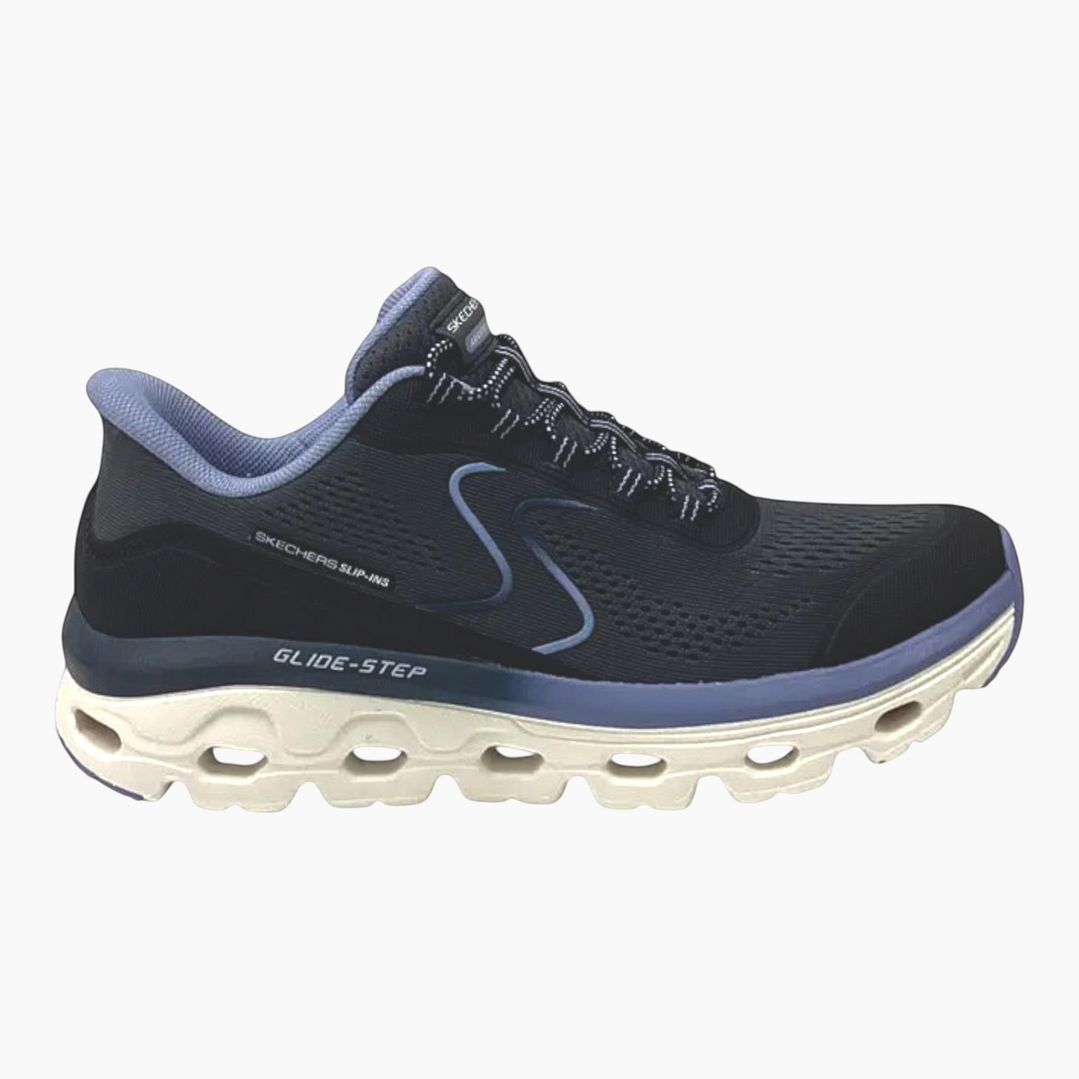 The Shoe Shop Skechers Glide-Step black and blue mesh slip-in sneaker with a cushioned white EVA midsole