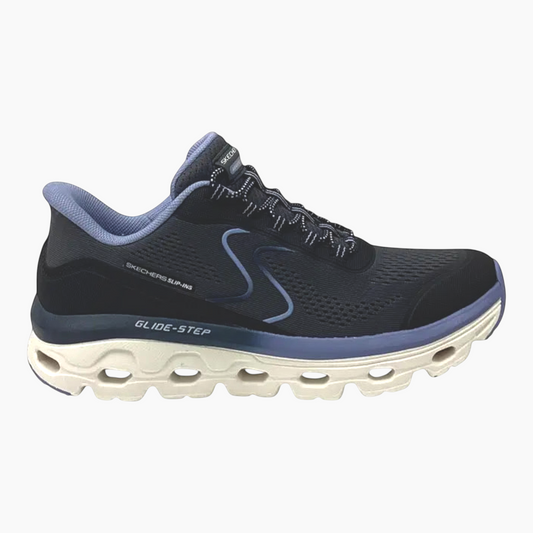 The Shoe Shop Skechers Glide-Step black and blue mesh slip-in sneaker with a cushioned white EVA midsole